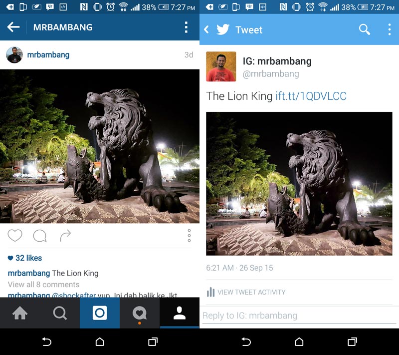 Contoh foto yang dishare di Instagram langsung muncul di Twitter berkat IFTTT.